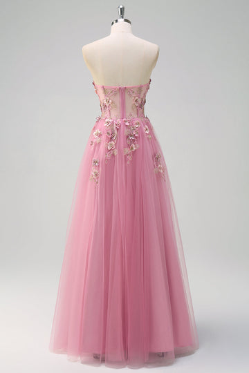 Taro Púrpura A Línea Sin Tirantes 3D Corsé de Flores Vestido de Fiesta Largo con Abertura